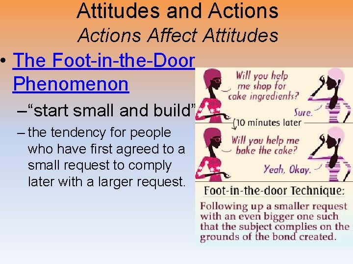 Attitudes and Actions Affect Attitudes • The Foot-in-the-Door Phenomenon – “start small and build”