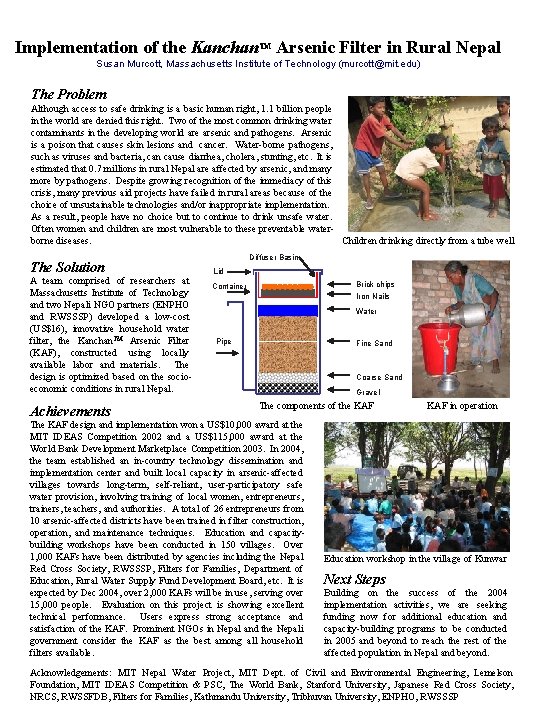 Implementation of the Kanchan. TM Arsenic Filter in Rural Nepal Susan Murcott, Massachusetts Institute