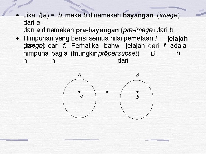  Jika f(a) = b, maka b dinamakan bayangan (image) dari a dan a