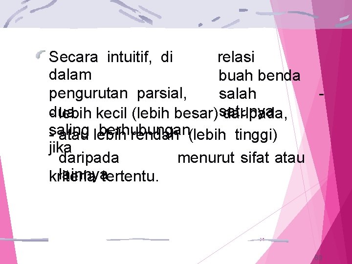 Secara intuitif, di relasi dalam buah benda pengurutan parsial, salah -dua lebih kecil (lebih