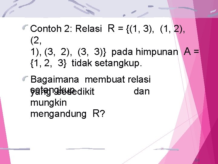 Contoh 2: Relasi R = {(1, 3), (1, 2), (2, 1), (3, 2), (3,