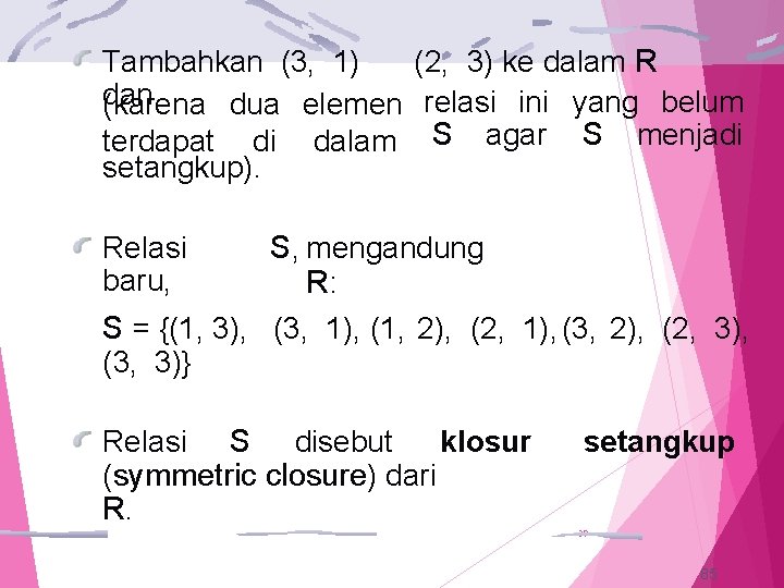 Tambahkan (3, 1) (2, 3) ke dalam R dan (karena dua elemen relasi ini