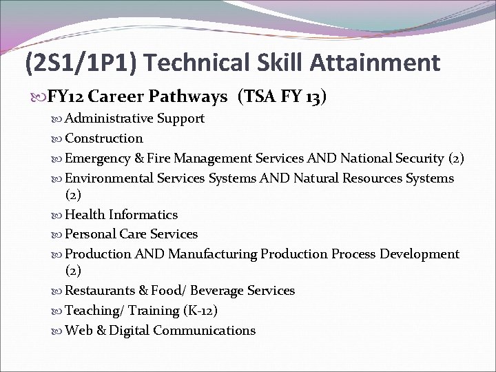 (2 S 1/1 P 1) Technical Skill Attainment FY 12 Career Pathways (TSA FY