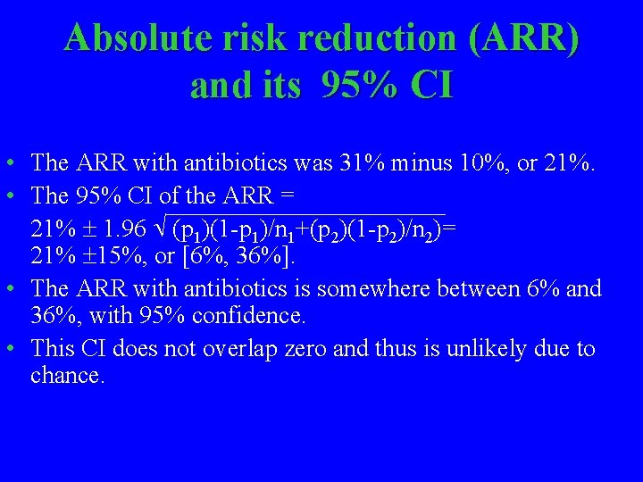 Absolute risk reduction (ARR) and its 95% CI • The ARR with antibiotics was