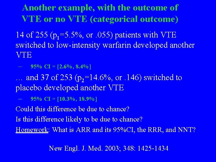 Another example, with the outcome of VTE or no VTE (categorical outcome) 14 of
