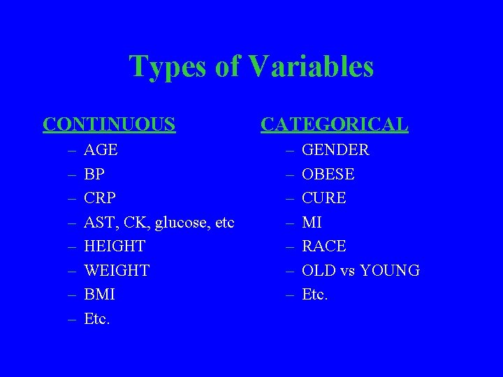 Types of Variables CONTINUOUS – – – – AGE BP CRP AST, CK, glucose,