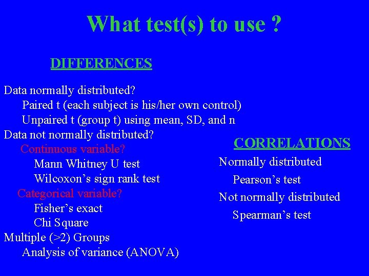 What test(s) to use ? DIFFERENCES Data normally distributed? Paired t (each subject is
