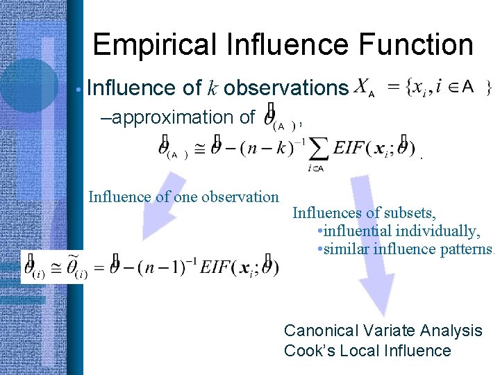 Empirical Influence Function • Influence of k observations –approximation of , . Influence of