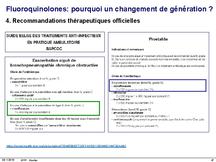 Fluoroquinolones: pourquoi un changement de génération ? 4. Recommandations thérapeutiques officielles https: //portal. health.