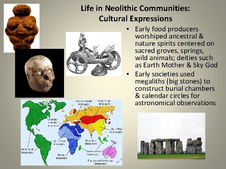 Life in Neolithic Communities: Cultural Expressions • Early food producers worshiped ancestral & nature Life in Neolithic Communities: Cultural Expressions • Early food producers worshiped ancestral & nature