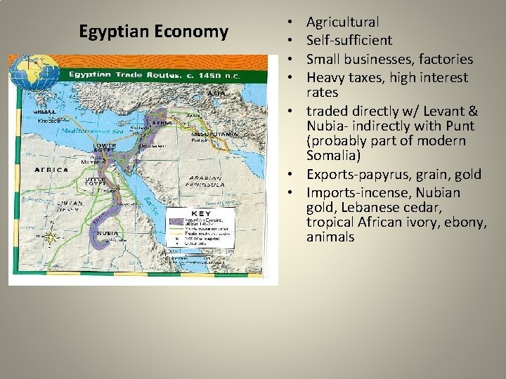 Egyptian Economy Agricultural Self-sufficient Small businesses, factories Heavy taxes, high interest rates • traded Egyptian Economy Agricultural Self-sufficient Small businesses, factories Heavy taxes, high interest rates • traded