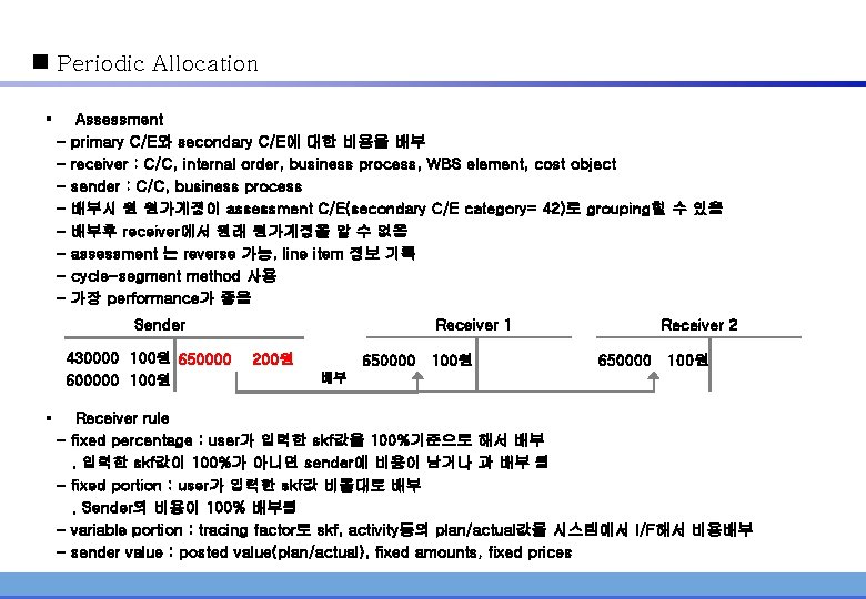 n Periodic Allocation § - Assessment primary C/E와 secondary C/E에 대한 비용을 배부 receiver