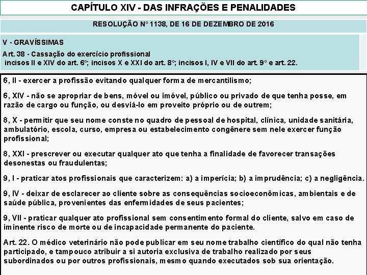 CAPÍTULO XIV - DAS INFRAÇÕES E PENALIDADES RESOLUÇÃO Nº 1138, DE 16 DE DEZEMBRO