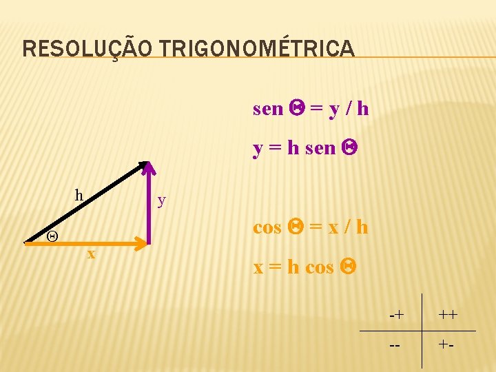 RESOLUÇÃO TRIGONOMÉTRICA sen = y / h y = h sen h y cos