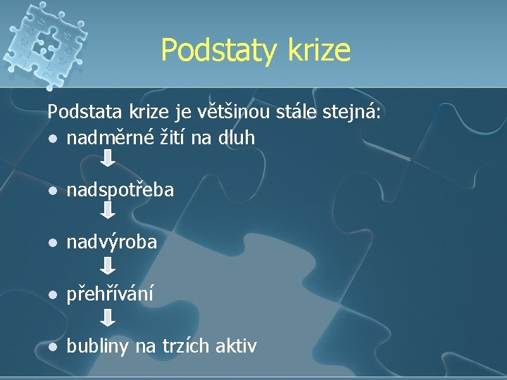 Podstaty krize Podstata krize je většinou stále stejná: l nadměrné žití na dluh l