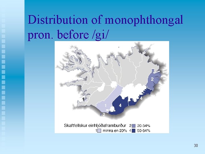 Distribution of monophthongal pron. before /gi/ 30 