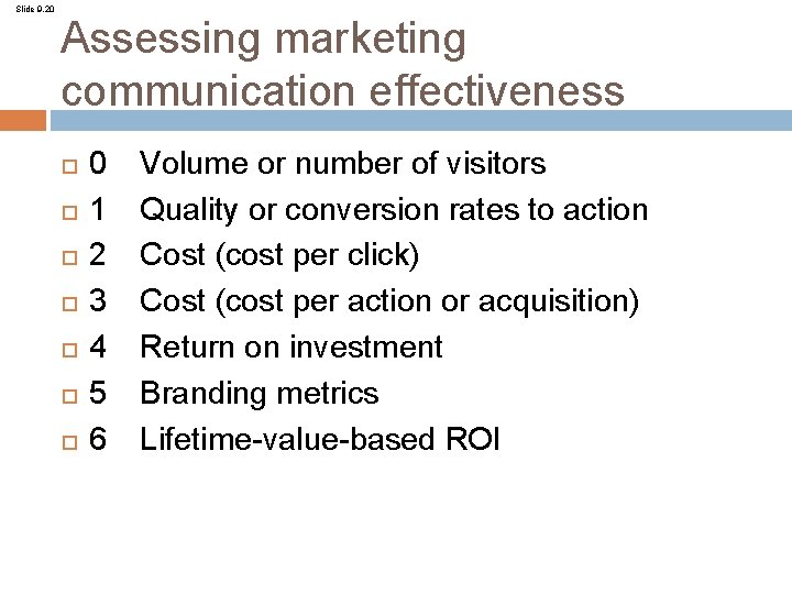 Slide 9. 20 Assessing marketing communication effectiveness 0 1 2 3 4 5 6 Slide 9. 20 Assessing marketing communication effectiveness 0 1 2 3 4 5 6