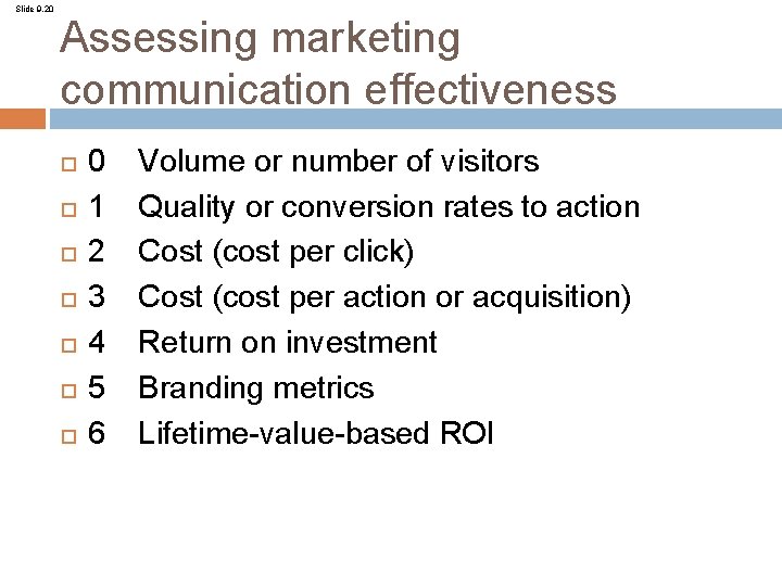 Slide 9. 20 Assessing marketing communication effectiveness 0 1 2 3 4 5 6
