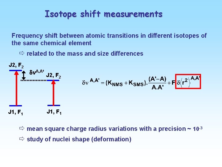 Isotope shift measurements Frequency shift between atomic transitions in different isotopes of the same