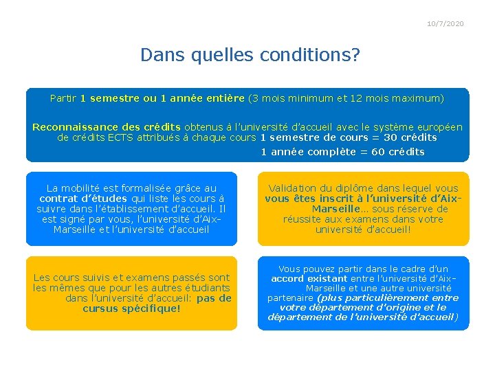 10/7/2020 Dans quelles conditions? Partir 1 semestre ou 1 année entière (3 mois minimum