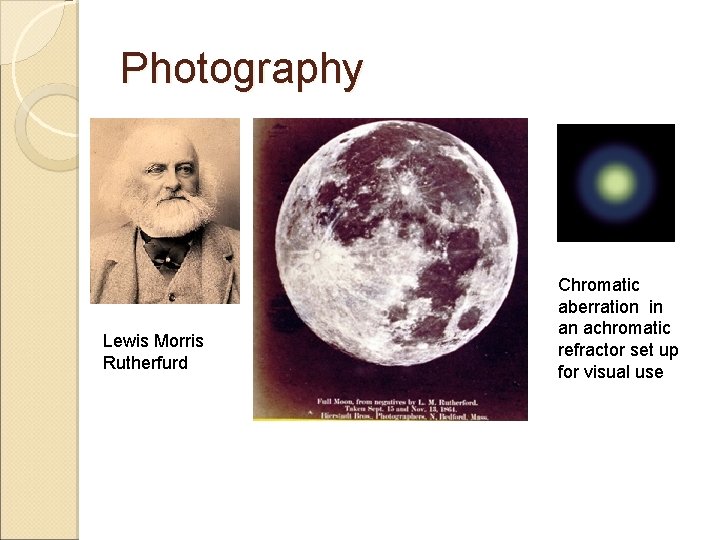 Photography Lewis Morris Rutherfurd Chromatic aberration in an achromatic refractor set up for visual Photography Lewis Morris Rutherfurd Chromatic aberration in an achromatic refractor set up for visual