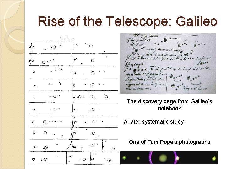 Rise of the Telescope: Galileo The discovery page from Galileo’s notebook A later systematic