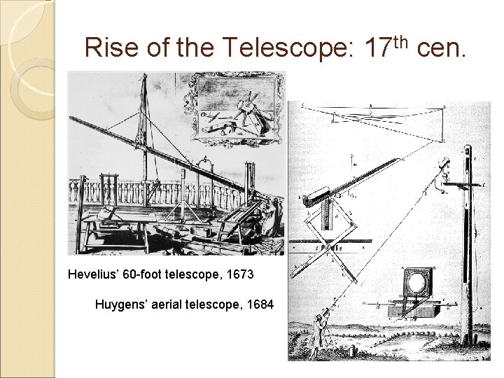 Rise of the Telescope: 17 th cen. Hevelius’ 60 -foot telescope, 1673 Huygens’ aerial