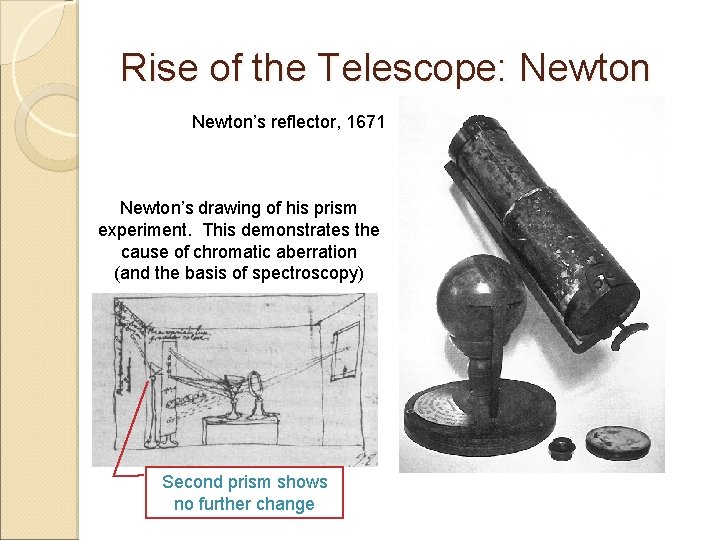 Rise of the Telescope: Newton’s reflector, 1671 Newton’s drawing of his prism experiment. This Rise of the Telescope: Newton’s reflector, 1671 Newton’s drawing of his prism experiment. This