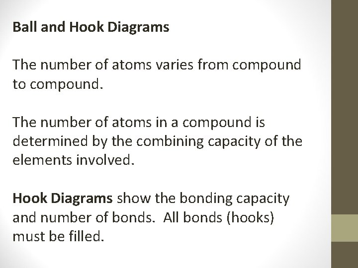 Ball and Hook Diagrams The number of atoms varies from compound to compound. The