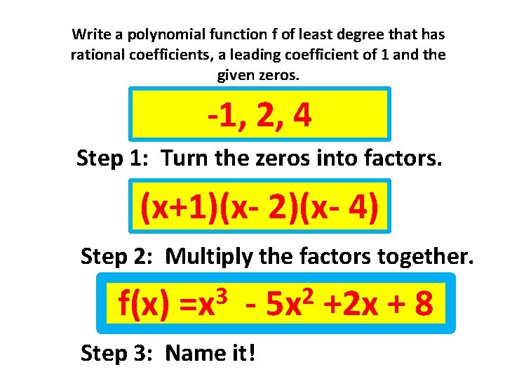 Write a polynomial function f of least degree that has rational coefficients, a leading