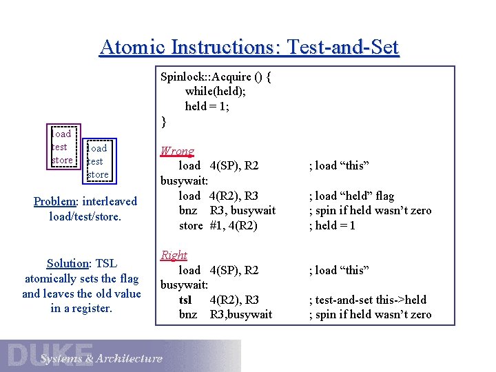 Atomic Instructions: Test-and-Set load test store Spinlock: : Acquire () { while(held); held =