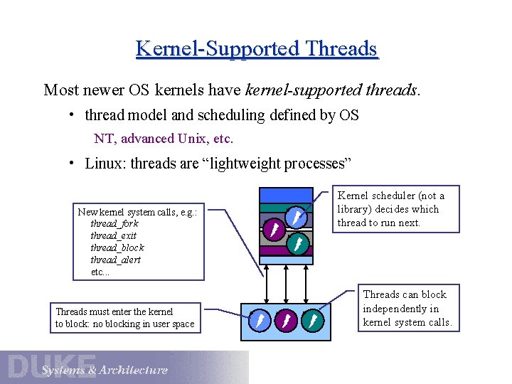 Kernel-Supported Threads Most newer OS kernels have kernel-supported threads. • thread model and scheduling