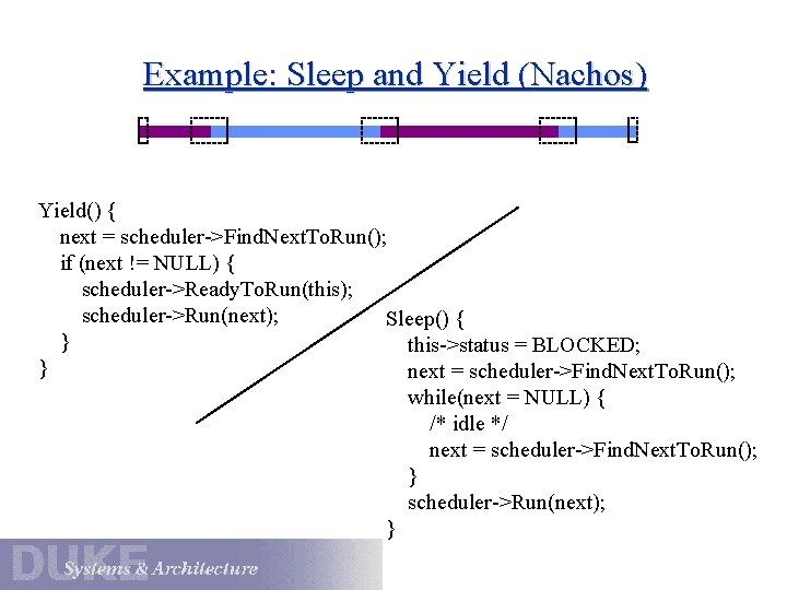 Example: Sleep and Yield (Nachos) Yield() { next = scheduler->Find. Next. To. Run(); if