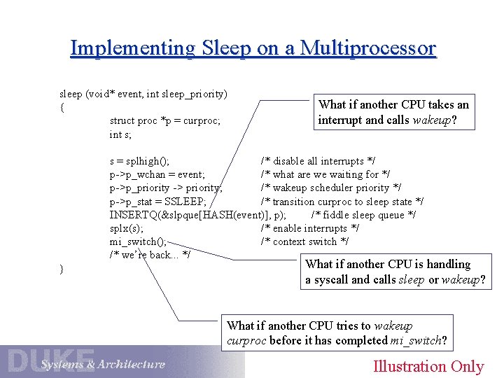 Implementing Sleep on a Multiprocessor sleep (void* event, int sleep_priority) { struct proc *p