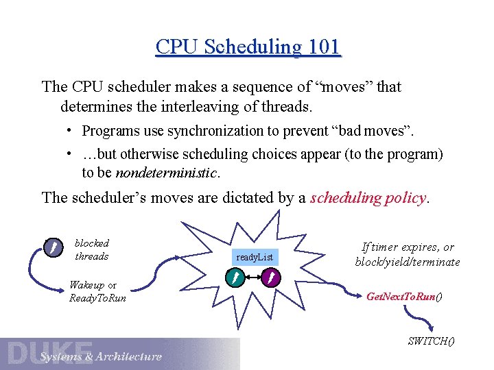 CPU Scheduling 101 The CPU scheduler makes a sequence of “moves” that determines the