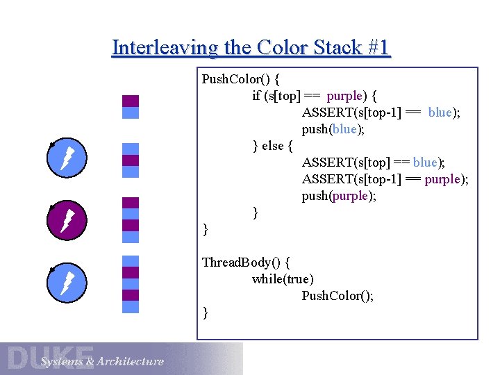 Interleaving the Color Stack #1 Push. Color() { if (s[top] == purple) { ASSERT(s[top-1]
