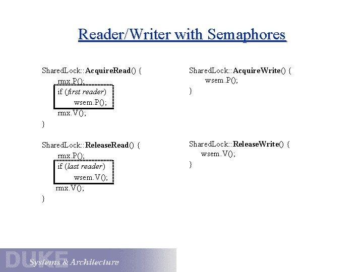 Reader/Writer with Semaphores Shared. Lock: : Acquire. Read() { rmx. P(); if (first reader)