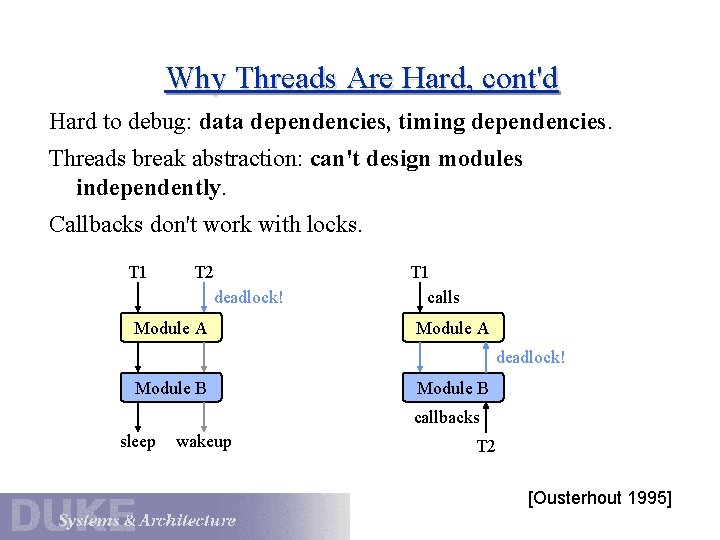 Why Threads Are Hard, cont'd Hard to debug: data dependencies, timing dependencies. Threads break