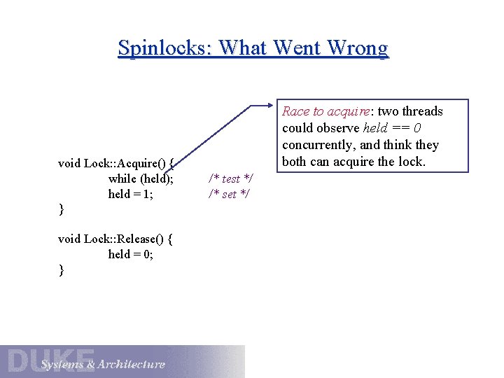 Spinlocks: What Went Wrong void Lock: : Acquire() { while (held); held = 1;