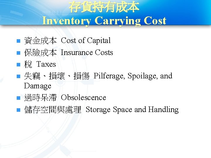 存貨持有成本 Inventory Carrying Cost n n n 資金成本 Cost of Capital 保險成本 Insurance Costs