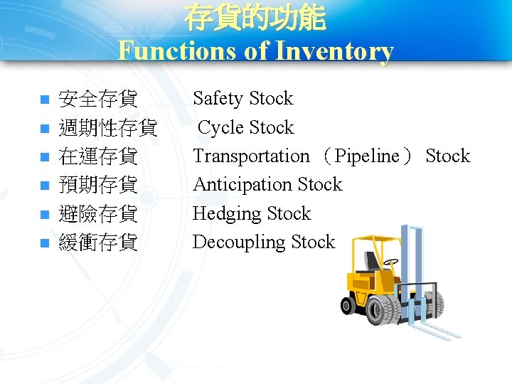 存貨的功能 Functions of Inventory n n n 安全存貨 週期性存貨 在運存貨 預期存貨 避險存貨 緩衝存貨 Safety