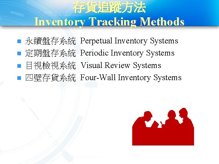 存貨追蹤方法 Inventory Tracking Methods n n 永續盤存系統 定期盤存系統 目視檢視系統 四壁存貨系統 Perpetual Inventory Systems Periodic