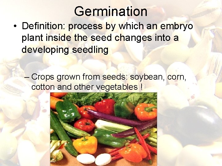 Germination • Definition: process by which an embryo plant inside the seed changes into