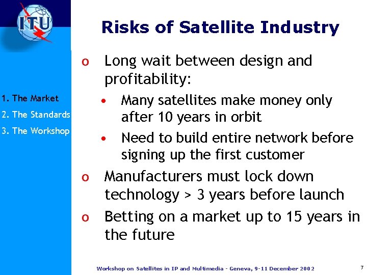 Risks of Satellite Industry o Long wait between design and profitability: • Many satellites