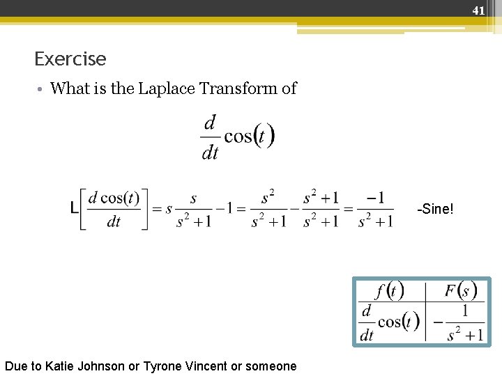 41 Exercise • What is the Laplace Transform of -Sine! Due to Katie Johnson