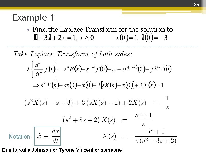 53 Example 1 • Find the Laplace Transform for the solution to Notation: Due