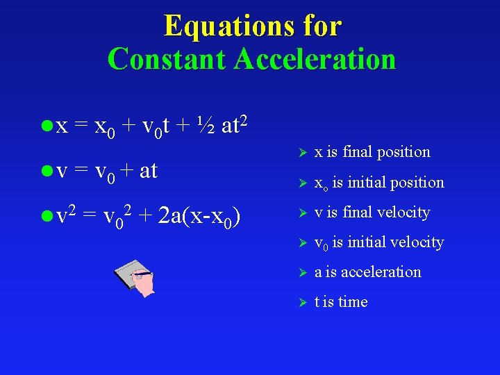 Equations for Constant Acceleration lx lv = x 0 + v 0 t +