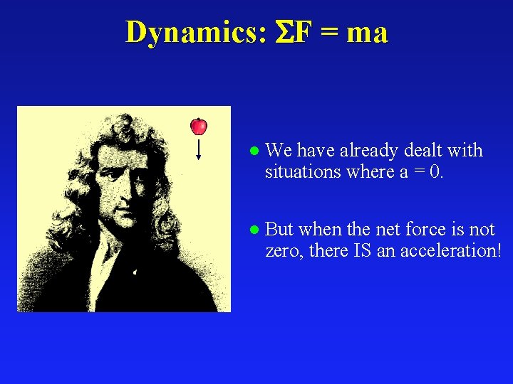 Dynamics: F = ma l We have already dealt with situations where a =