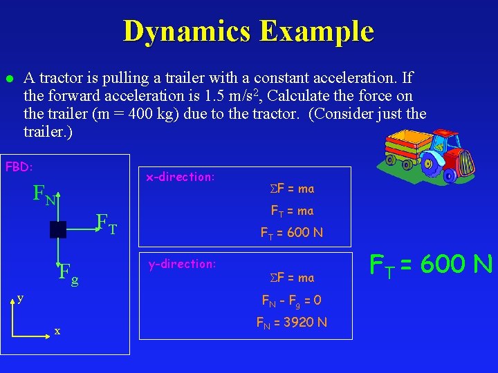 Dynamics Example l A tractor is pulling a trailer with a constant acceleration. If