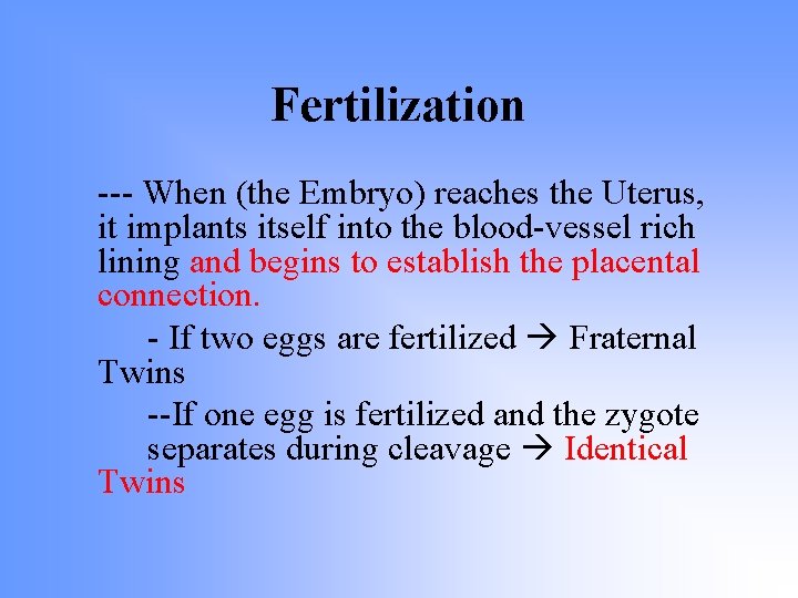 Fertilization --- When (the Embryo) reaches the Uterus, it implants itself into the blood-vessel Fertilization --- When (the Embryo) reaches the Uterus, it implants itself into the blood-vessel